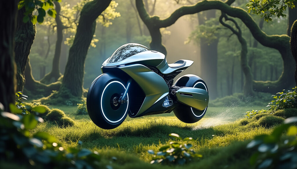 découvrez une moto unique qui s'élève dans les airs au cœur d'une forêt dense, inspirée par une scène emblématique de star wars. vivez l'essence de la science-fiction à travers cette aventure palpitante qui mélange nature et technologie. plongez dans un univers où l'imaginaire prend vie.