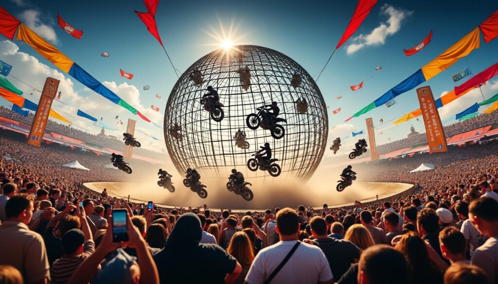 découvrez le globe de la mort, une attraction spectaculaire qui captivе les passionnés de sensations fortes à la fête de la moto. assistez à des acrobaties époustouflantes et vivez une expérience inoubliable au cœur de l'adrénaline.