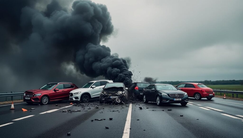 un double accident spectaculaire s'est produit sur la rocade de rennes, impliquant cinq voitures et une moto, plongeant la scène dans un épais nuage de fumée noire. découvrez les détails de cet incident et ses conséquences sur la circulation.