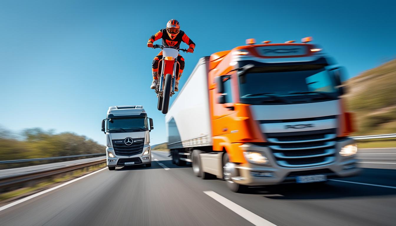 découvrez l'exploit extraordinaire d'un cascadeur qui réalise un saut périlleux audacieux entre deux camions en pleine circulation. adrénaline et suspense garantis !