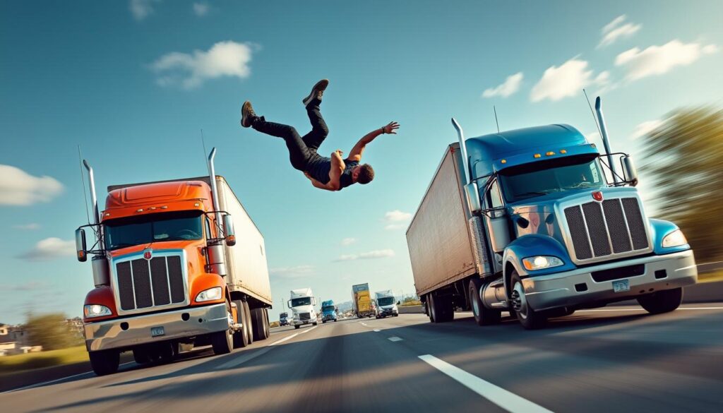 découvrez le récit d’un saut périlleux spectaculaire entre deux camions en plein mouvement : adrénaline, maîtrise et audace au rendez-vous dans cette performance hors du commun.