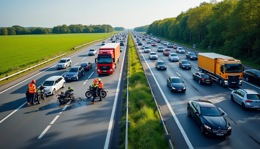 un accident impliquant un motard sur l'autoroute a1 provoque d'importants ralentissements en direction de lille ce vendredi. suivez l'évolution du trafic et les recommandations pour éviter les embouteillages.