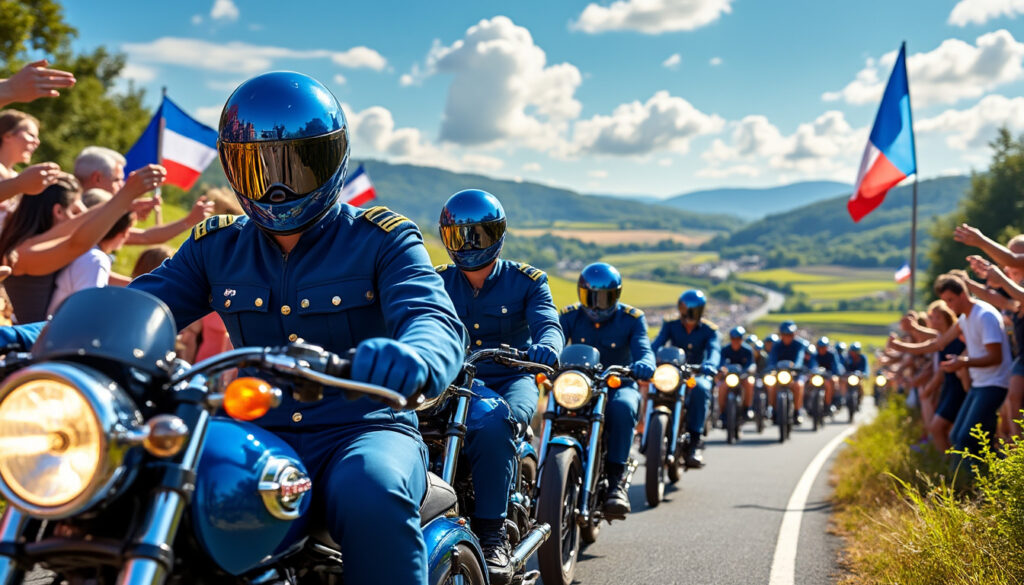 découvrez 70 ans d'engagement et d’excellence des « anges bleus » de la gendarmerie : l’escadron motocycliste de la garde républicaine, au cœur du tour de france, raconté à travers leur histoire, leurs missions et leur passion.