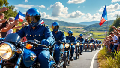 découvrez 70 ans d'engagement et d’excellence des « anges bleus » de la gendarmerie : l’escadron motocycliste de la garde républicaine, au cœur du tour de france, raconté à travers leur histoire, leurs missions et leur passion.