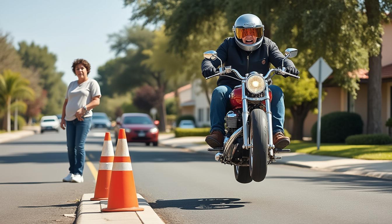 découvrez la blague du jour : suivez les aventures hilarantes d’un homme lancé à toute vitesse sur sa nouvelle moto surpuissante, pour un moment de détente et de bonne humeur !