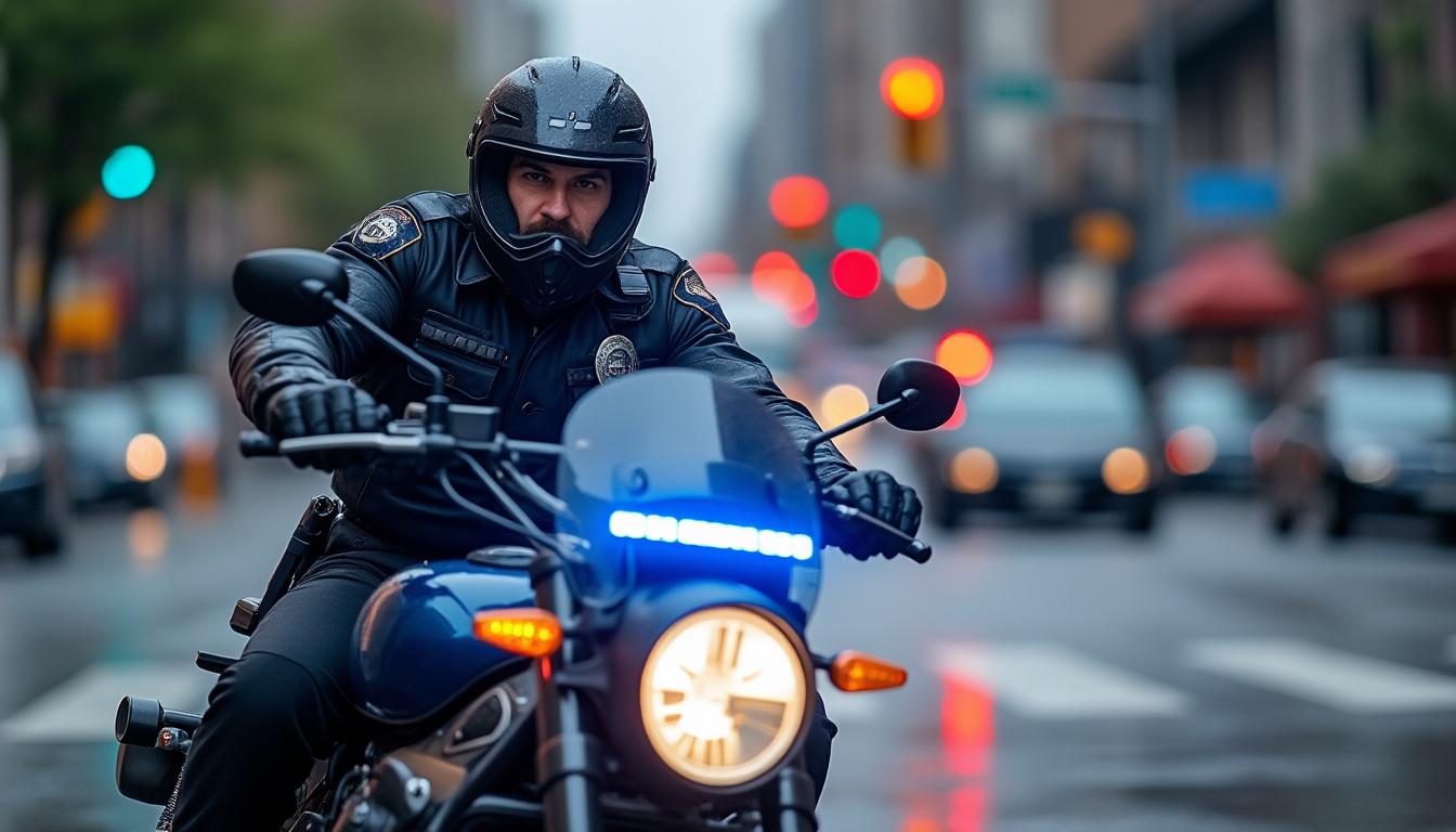 un policier en moto intervient en urgence sur les lieux d'une collision avec une voiture, assurant la sécurité et la gestion de l'accident.