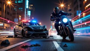 un policier en moto intervient en urgence après une collision avec une voiture, assurant la sécurité et la gestion de la circulation sur les lieux de l'accident.