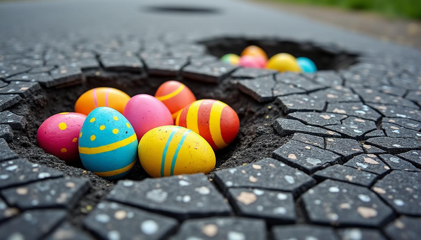 à lyon, des œufs de pâques innovants détournés pour alerter les habitants sur les dangers des nids-de-poule présents sur les routes, combinant sensibilisation et originalité.