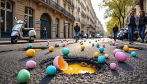 à lyon, des œufs de pâques détournés en messages originaux pour alerter les automobilistes sur les dangers des nids-de-poule sur les routes.