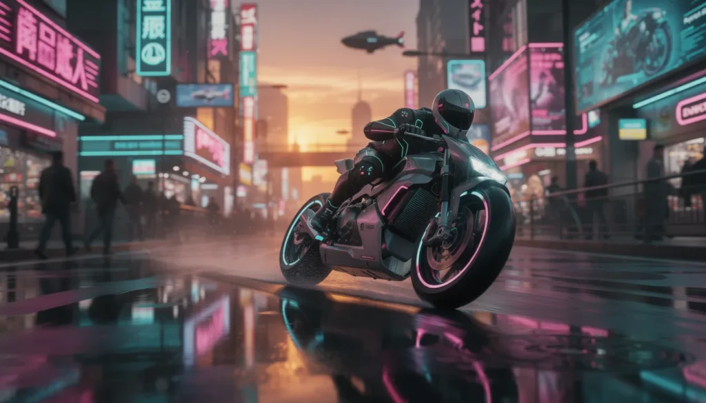 Moto futuristica in una città cyberpunk al tramonto.
