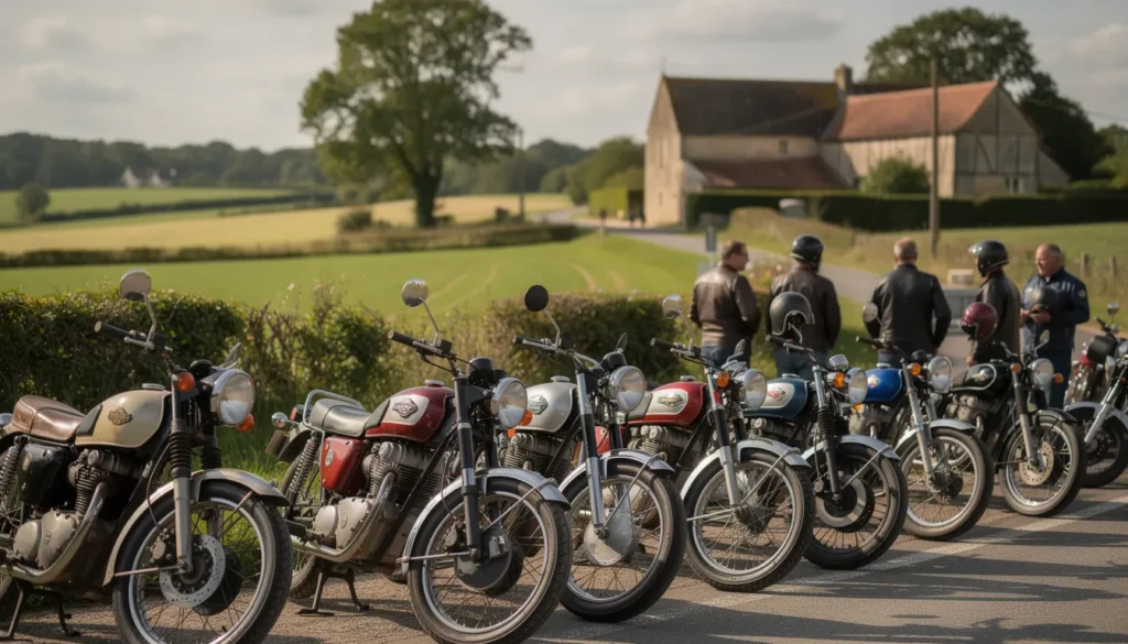 Rassemblement de motos anciennes dans un paysage normand.
