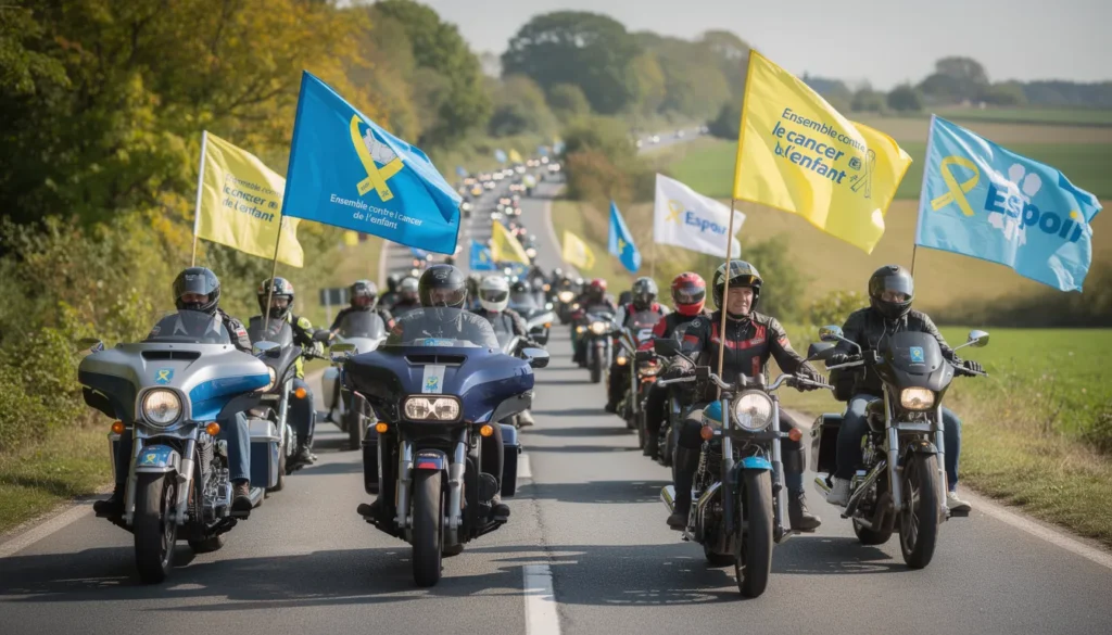 Parade de motos colorées sur une route pittoresque.