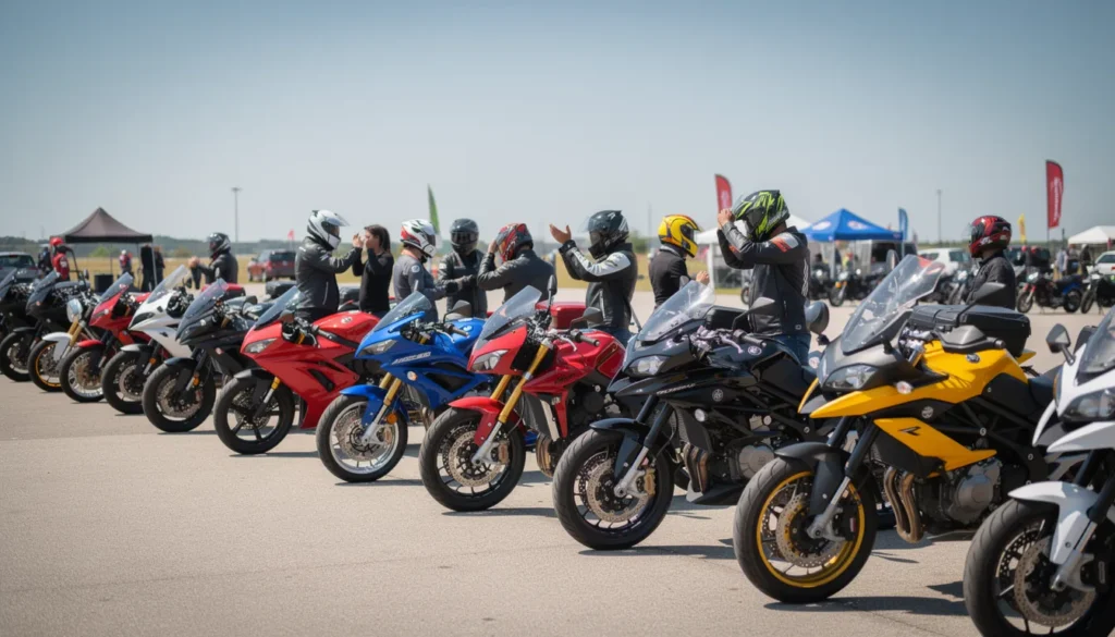 Événement de motos avec des passionnés et des motos colorées.