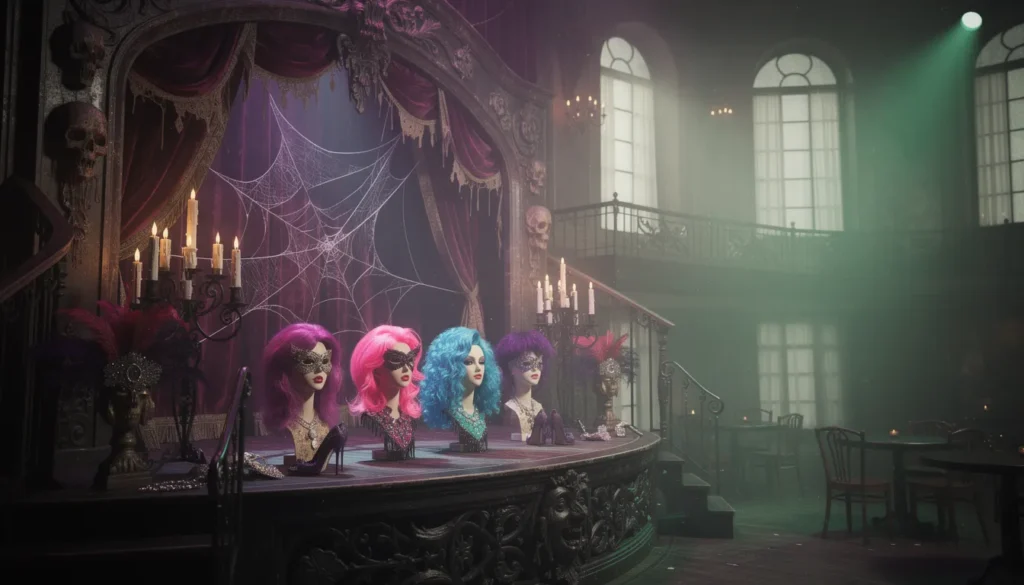 Scena teatrale gotica per uno spettacolo drag.