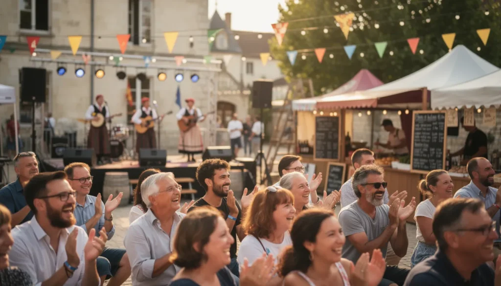 Outdoor festival scene with people enjoying live performances.