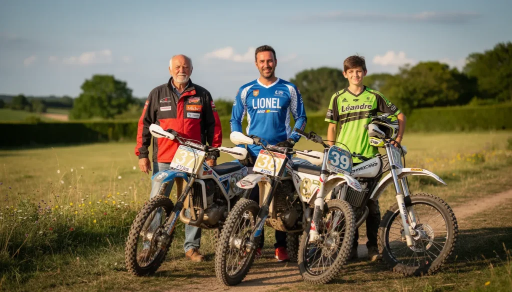 Three generations passionate about trial motorcycles in nature.
