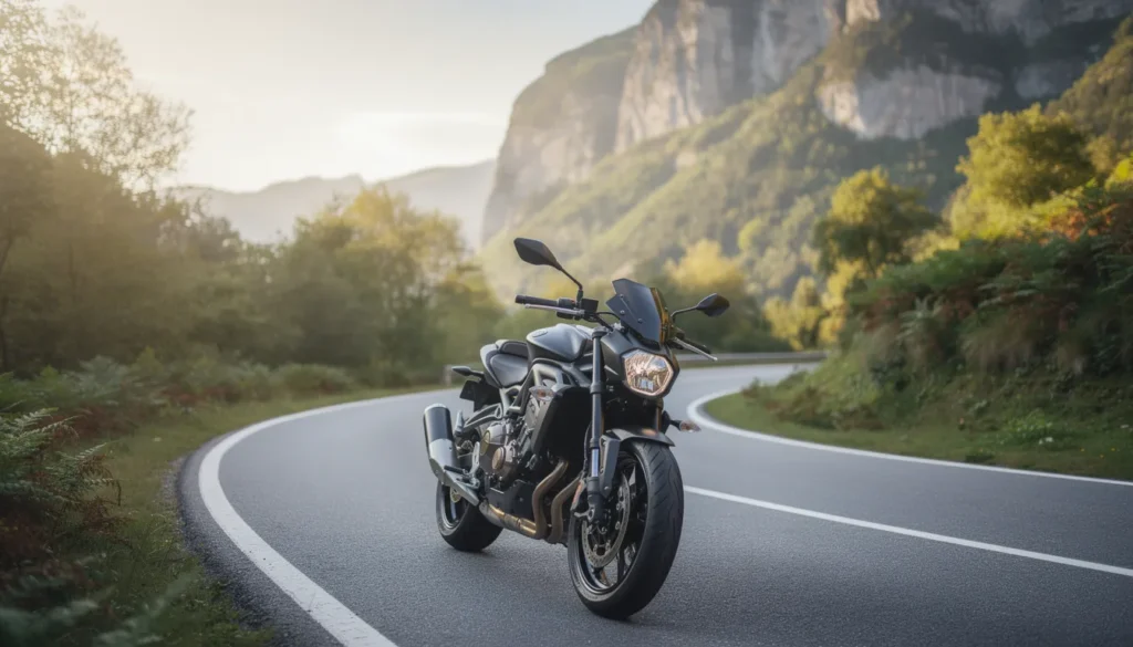 Moderne Motorrad auf einer malerischen Bergstraße.