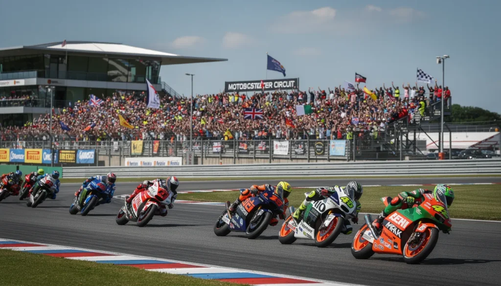 Corsa di Moto2 a Silverstone con spettatori entusiasti.