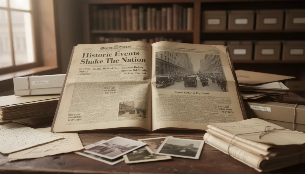 Ein Foto einer offenen Vintage-Zeitung zwischen historischen Dokumenten.