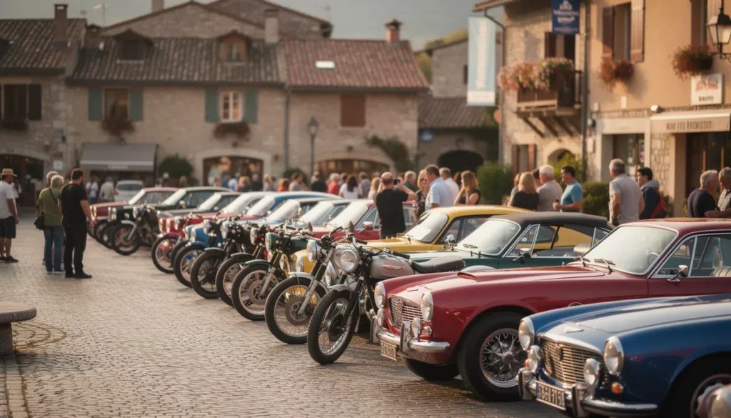 Rassemblement auto-moto dans un village pittoresque.