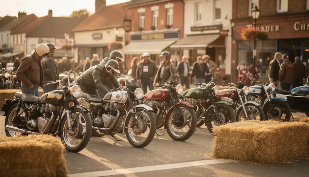 Gathering of vintage motorcycles in a picturesque street.