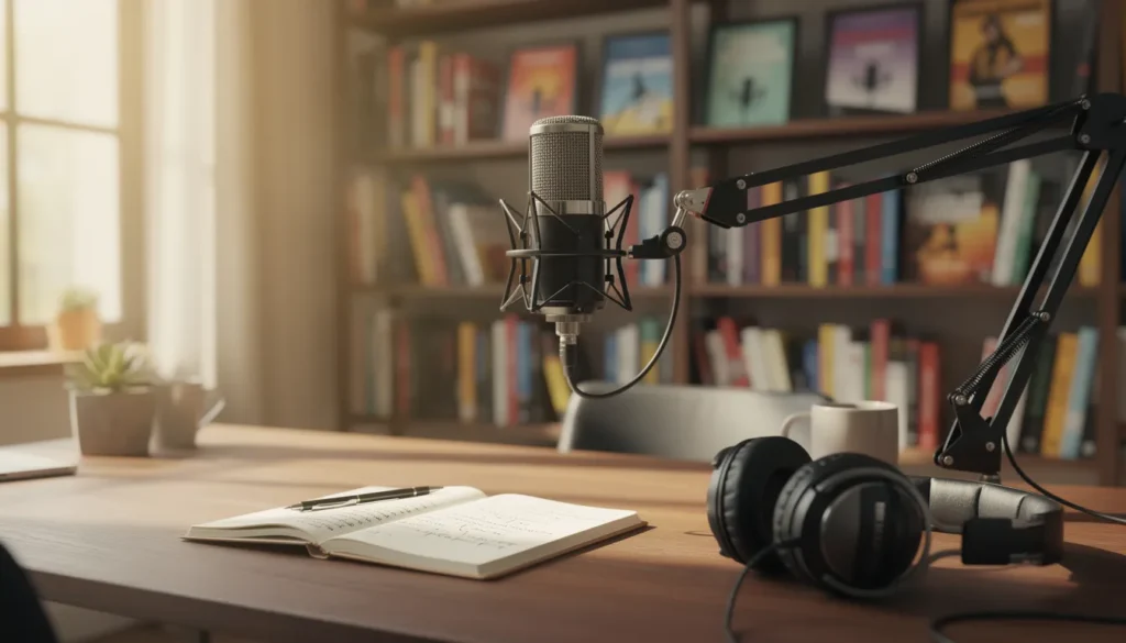 Ufficio accogliente con microfono e libri sui podcast.