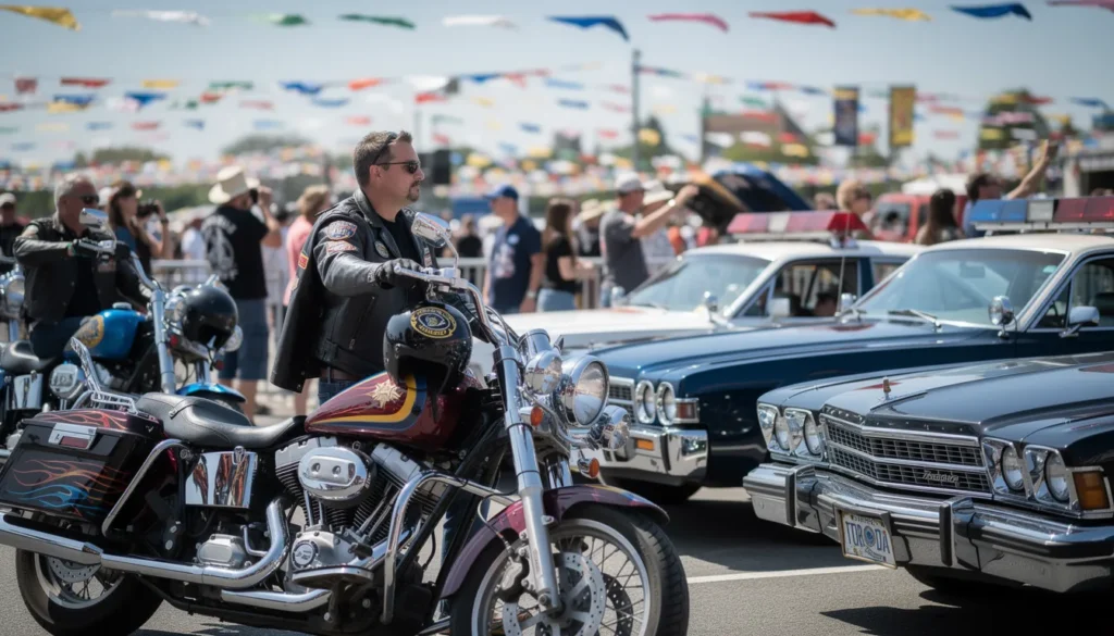 バイクラリーとアメリカの警察車両の集まり。