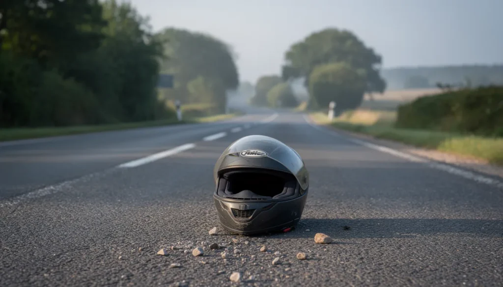 Motorradhelm auf einer ruhigen Straße, der einen tragischen Unfall heraufbeschwört.