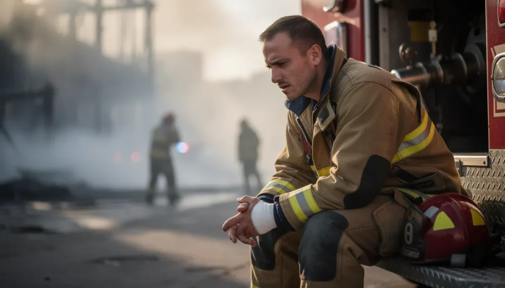 Un pompier blessé réfléchissant sur un camion de pompiers.