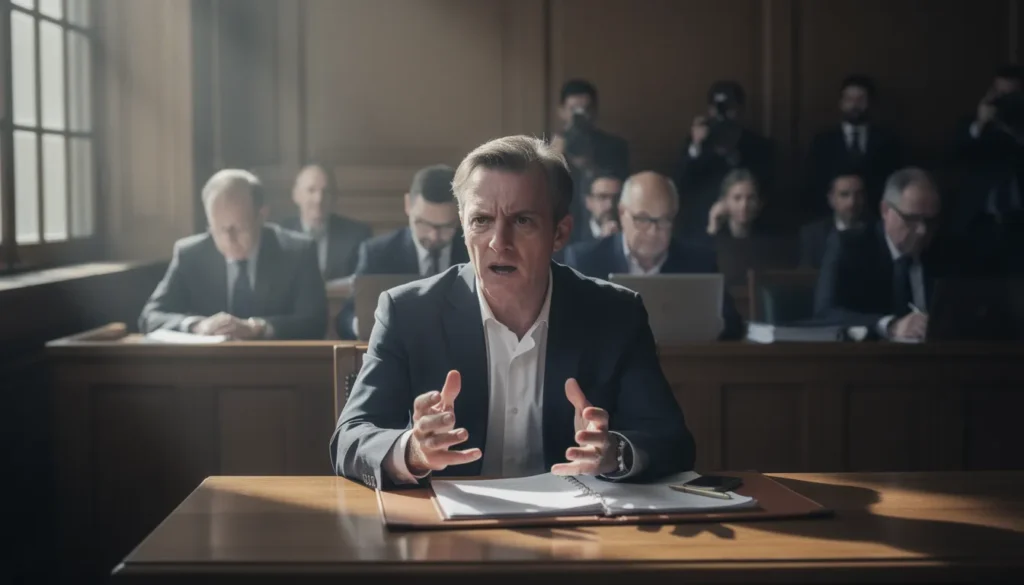 Tense courtroom scene with the accused passionately defending himself.