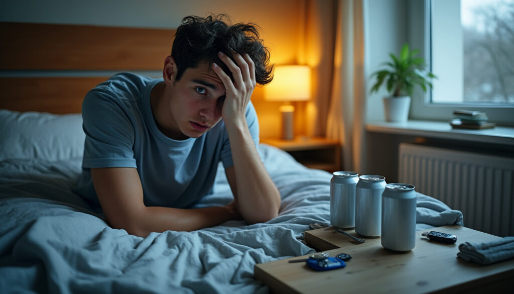 après huit vodka-red bull, un jeune conducteur raconte les conséquences de sa soirée et son incapacité à s’asseoir ou à dormir.